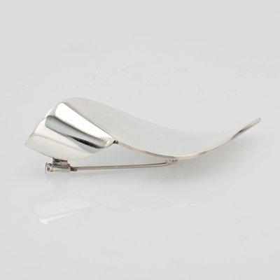 French Stylized Leaf Silver Brooch, 1970s-OLU-1403627