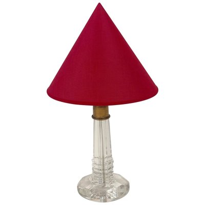 French Table Lamp with Cut Glass Base and Red Silk Shade, 1940s-BAF-763409