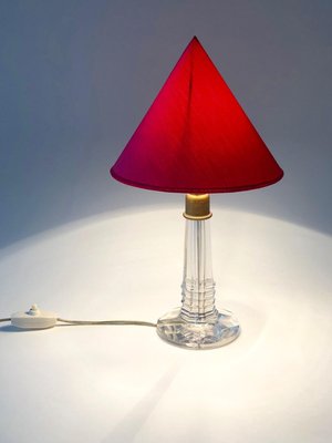 French Table Lamp with Cut Glass Base and Red Silk Shade, 1940s-BAF-763409