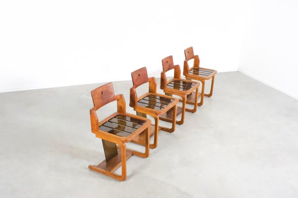 French Teak Wood and Acrylic Glass Chairs, 1960s, Set of 4-QT-1263345