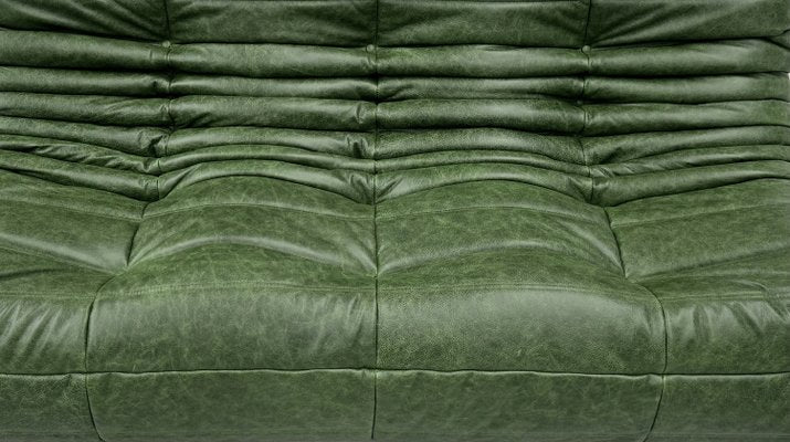 French Three-Seater Togo Sofa in Forest Green Leather by Michel Ducaroy for Ligne Roset.-XLZ-2028911