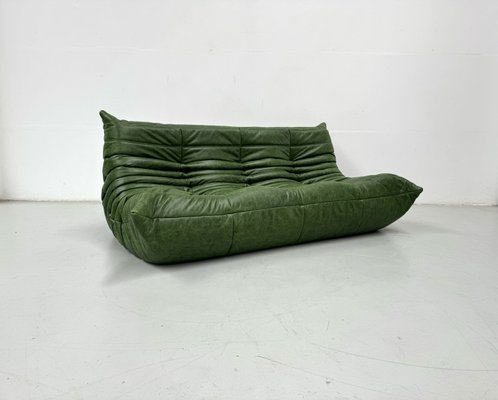 French Three-Seater Togo Sofa in Forest Green Leather by Michel Ducaroy for Ligne Roset.-XLZ-2028911