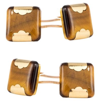 French Tigers Eye 18 Karat Yellow Gold Cufflinks, 1920s, Set of 2-OLU-896625