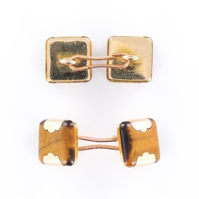 French Tigers Eye 18 Karat Yellow Gold Cufflinks, 1920s, Set of 2-OLU-896625