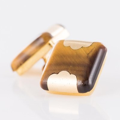 French Tigers Eye 18 Karat Yellow Gold Cufflinks, 1920s, Set of 2-OLU-896625