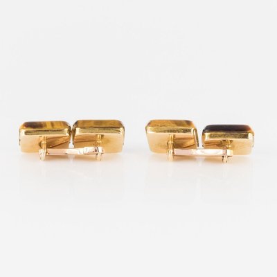 French Tigers Eye 18 Karat Yellow Gold Cufflinks, 1920s, Set of 2-OLU-896625