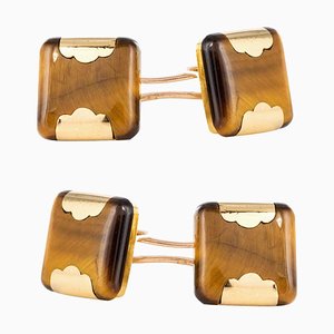 French Tigers Eye 18 Karat Yellow Gold Cufflinks, 1920s, Set of 2-OLU-896625