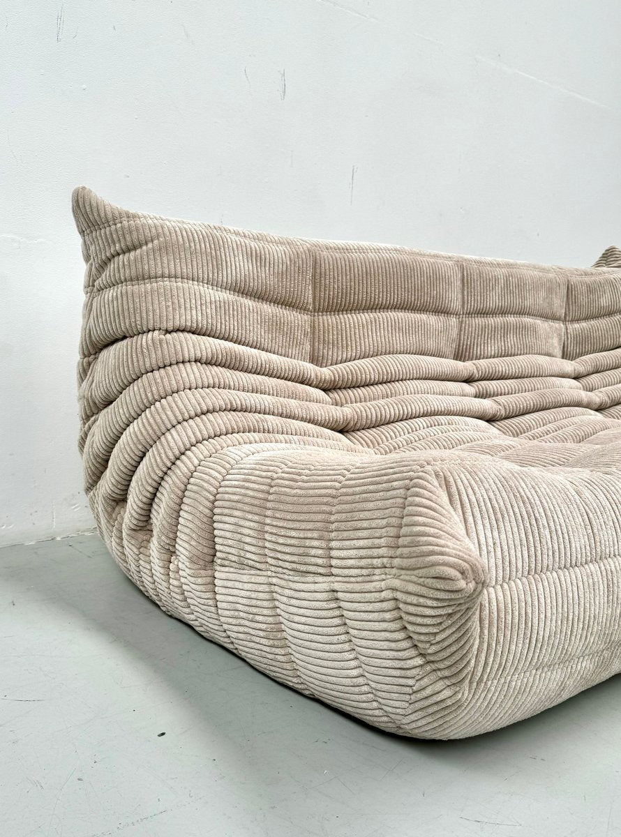 French Togo 3-Seater Sofa in Beige Corduroy by Michel Ducaroy for Ligne Roset, 1970s