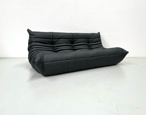 French Togo 3-Seater Sofa in Matt Black Leather by Michel Ducaroy for Ligne Roset-XLZ-1917872