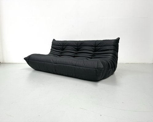 French Togo 3-Seater Sofa in Matt Black Leather by Michel Ducaroy for Ligne Roset-XLZ-1917872