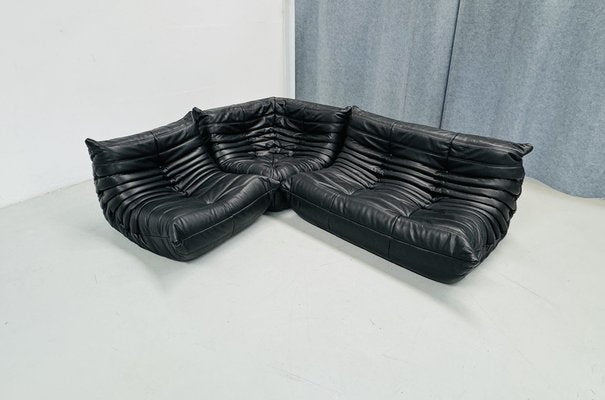 French Togo Living Room Set in Black Leather by Michel Ducaroy for Ligne Roset., Set of 3-XLZ-2041174