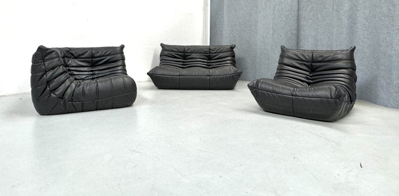 French Togo Living Room Set in Black Leather by Michel Ducaroy for Ligne Roset., Set of 3-XLZ-2041174