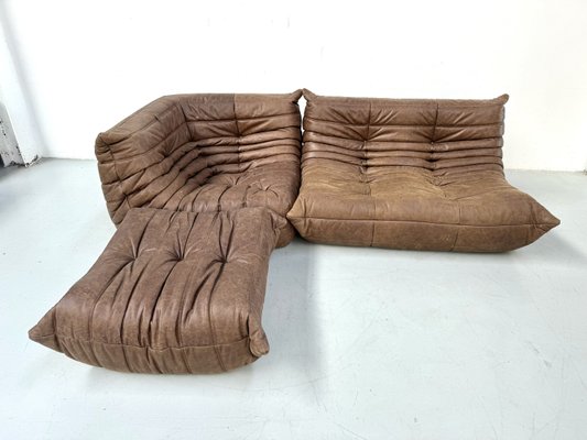 French Togo Living Room Set in Brown Pull Up Leather by Michel Ducaroy for Ligne Roset, Set of 3-XLZ-2029019