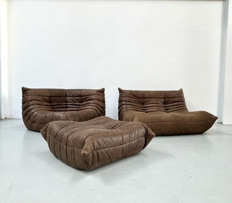 French Togo Living Room Set in Brown Pull Up Leather by Michel Ducaroy for Ligne Roset, Set of 3-XLZ-2029019