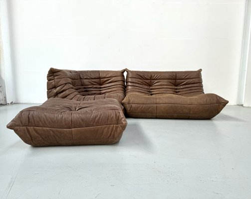 French Togo Living Room Set in Brown Pull Up Leather by Michel Ducaroy for Ligne Roset, Set of 3-XLZ-2029019