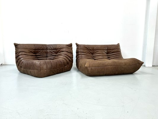 French Togo Living Room Set in Brown Pull Up Leather by Michel Ducaroy for Ligne Roset, Set of 3-XLZ-2029019