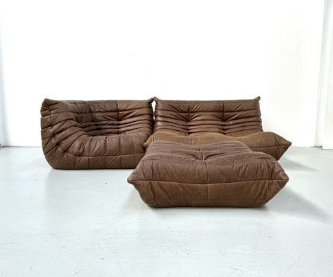 French Togo Living Room Set in Brown Pull Up Leather by Michel Ducaroy for Ligne Roset, Set of 3-XLZ-2029019