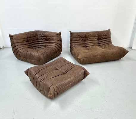 French Togo Living Room Set in Brown Pull Up Leather by Michel Ducaroy for Ligne Roset, Set of 3-XLZ-2029019