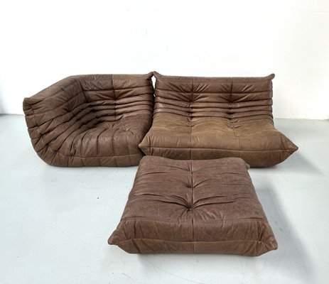 French Togo Living Room Set in Brown Pull Up Leather by Michel Ducaroy for Ligne Roset, Set of 3-XLZ-2029019