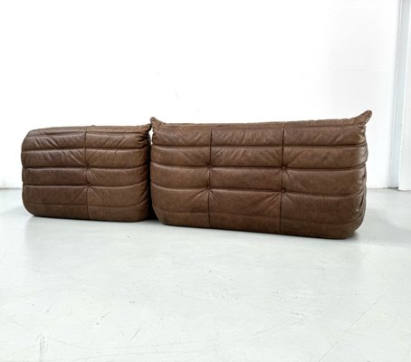 French Togo Living Room Set in Brown Pull Up Leather by Michel Ducaroy for Ligne Roset, Set of 3-XLZ-2029019