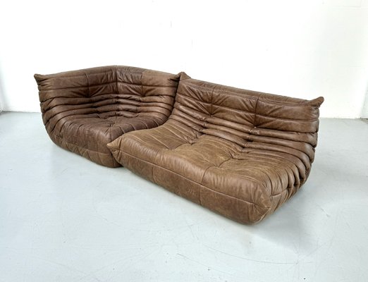 French Togo Living Room Set in Brown Pull Up Leather by Michel Ducaroy for Ligne Roset, Set of 3-XLZ-2029019