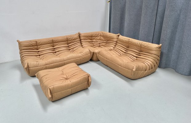 French Togo Living Room Set in Camel Brown Leather by Michel Ducaroy for Ligne Roset., Set of 4-XLZ-2031415