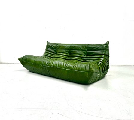 French Togo Three-Seater Sofa in Green Leather by Michel Ducaroy for Ligne Roset-XLZ-2020015