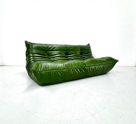 French Togo Three-Seater Sofa in Green Leather by Michel Ducaroy for Ligne Roset-XLZ-2020015