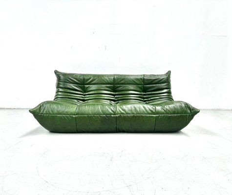 French Togo Three-Seater Sofa in Green Leather by Michel Ducaroy for Ligne Roset-XLZ-2020015