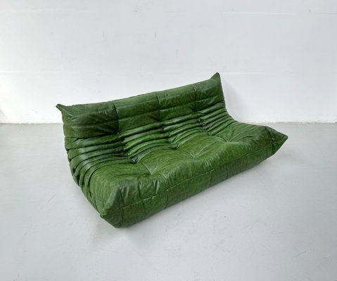 French Togo Three-Seater Sofa in Green Leather by Michel Ducaroy for Ligne Roset-XLZ-2020015