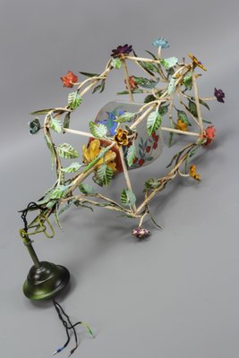 French Tole and Glass Polychrome Pastel Flower Cage Pendant Light, 1950s-KEG-1367635