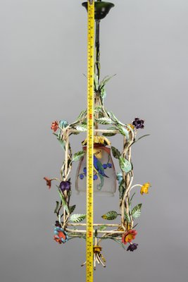 French Tole and Glass Polychrome Pastel Flower Cage Pendant Light, 1950s-KEG-1367635