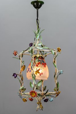 French Tole and Glass Polychrome Pastel Flower Cage Pendant Light, 1950s-KEG-1367635