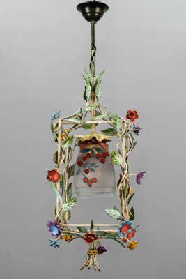 French Tole and Glass Polychrome Pastel Flower Cage Pendant Light, 1950s-KEG-1367635