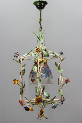 French Tole and Glass Polychrome Pastel Flower Cage Pendant Light, 1950s-KEG-1367635