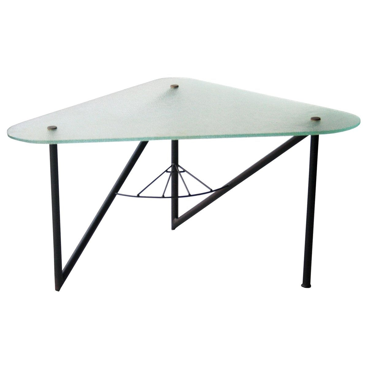 French Triangular Metal Frosted Glass Coffee Table in the Style of Louis Sognot, 1950