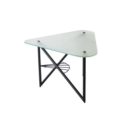 French Triangular Metal Frosted Glass Coffee Table in the Style of Louis Sognot, 1950-UZ-862991