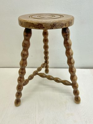 French Tripod Bobbin Turned Wooden Stool, 1950s-WZZ-2023556