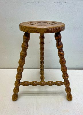 French Tripod Bobbin Turned Wooden Stool, 1950s-WZZ-2023556