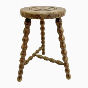 French Tripod Bobbin Turned Wooden Stool, 1950s-WZZ-2023556