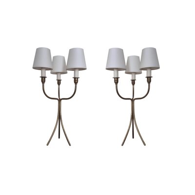 French Tripod Brass Feet Table Lamps, 1950s, Set of 2-ES-724145