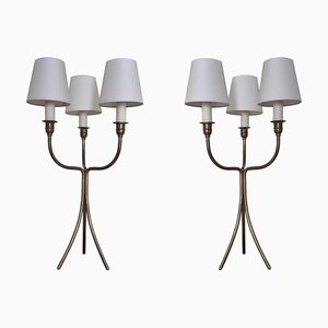 French Tripod Brass Feet Table Lamps, 1950s, Set of 2-ES-724145