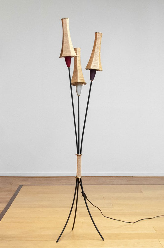 French Tripod Floor Lamp with Papercord Shades attributed to Mathieu Matégot, 1950s