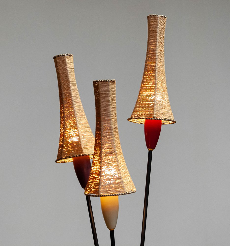 French Tripod Floor Lamp with Papercord Shades attributed to Mathieu Matégot, 1950s