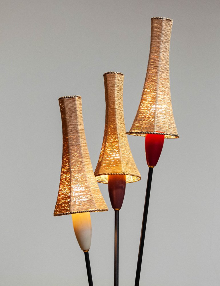 French Tripod Floor Lamp with Papercord Shades attributed to Mathieu Matégot, 1950s