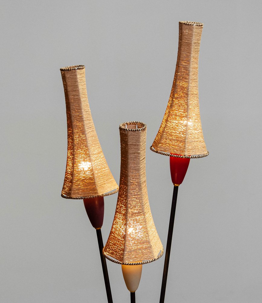 French Tripod Floor Lamp with Papercord Shades attributed to Mathieu Matégot, 1950s