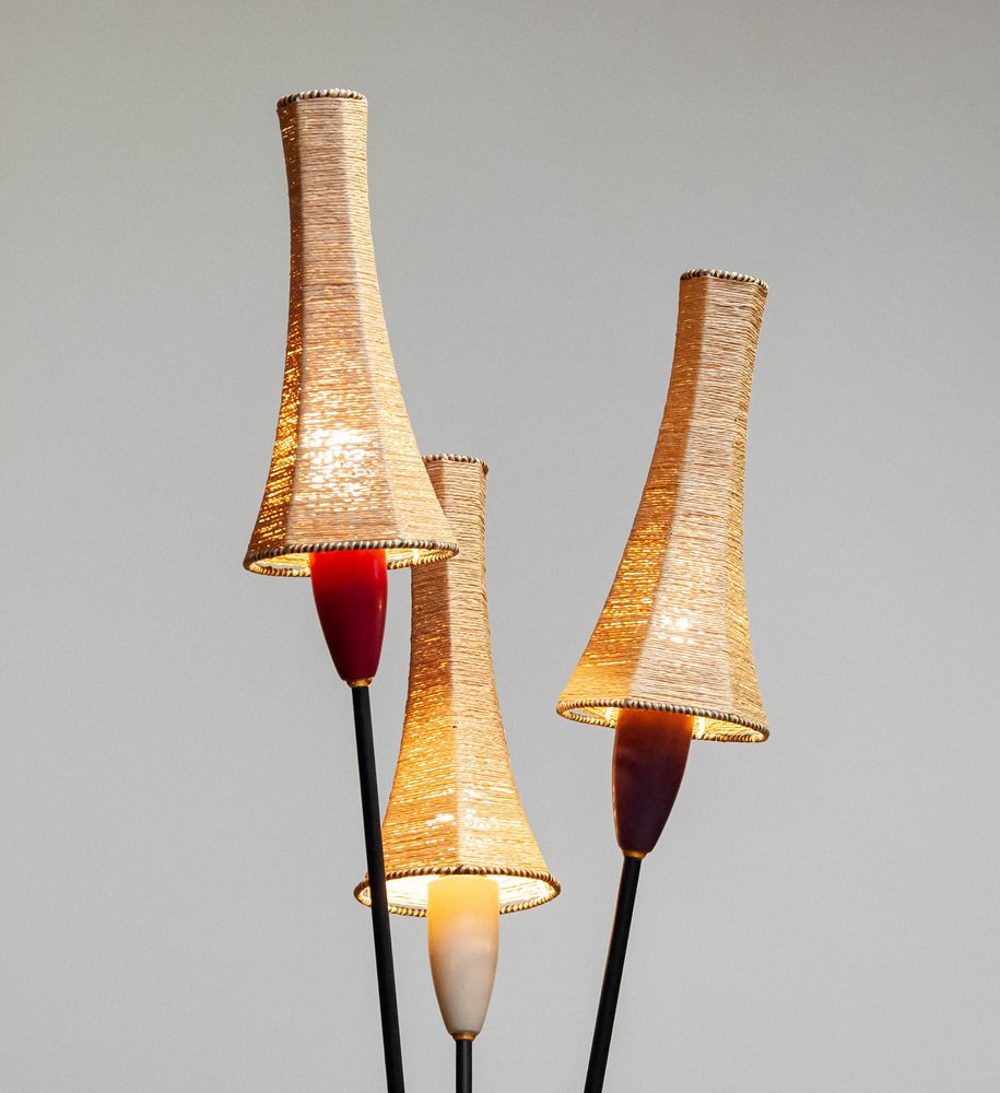 French Tripod Floor Lamp with Papercord Shades attributed to Mathieu Matégot, 1950s