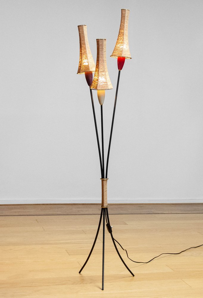 French Tripod Floor Lamp with Papercord Shades attributed to Mathieu Matégot, 1950s