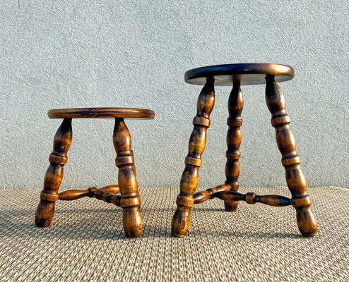 French Tripod Turned Wood Stools in the style of Charles Dudouyt, 1960s, Set of 2-WZZ-1782423