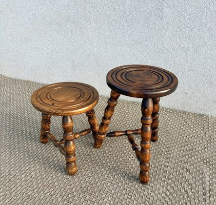 French Tripod Turned Wood Stools in the style of Charles Dudouyt, 1960s, Set of 2-WZZ-1782423